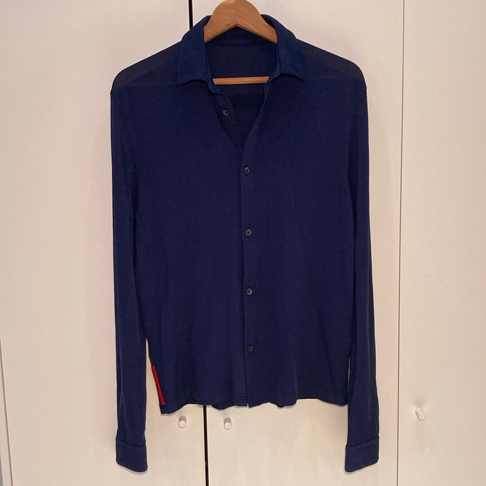 Prada Italy polo pique long sleeves front button midnight blue S